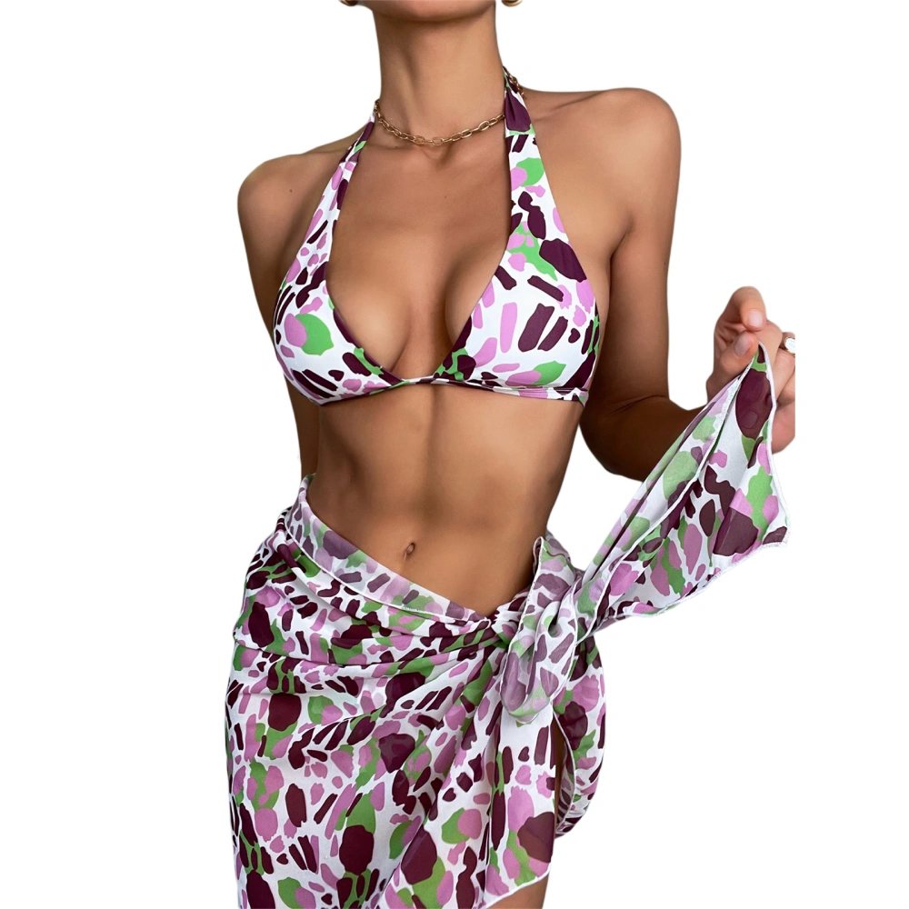 Women Bikini Sleeveless V Neck Geometry Print Bra Thong Swimwear