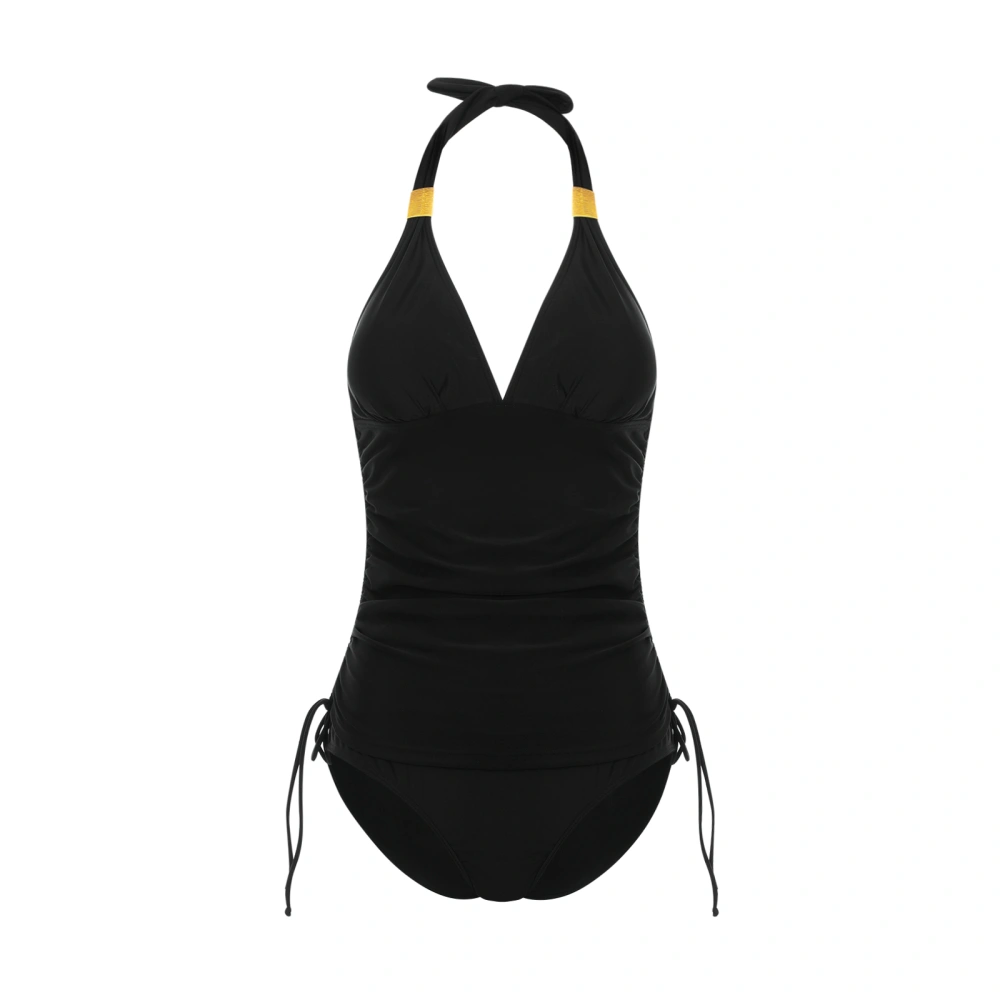 Solid Color Halter Neck Camisole with Drawstring+ Bikini Panties