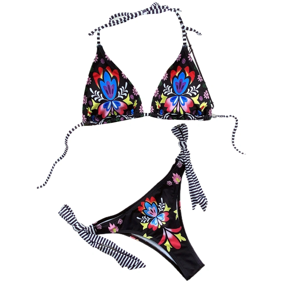 Women’s Printing Halter Vest and Bandage Mid-waist Thong Bikini Set