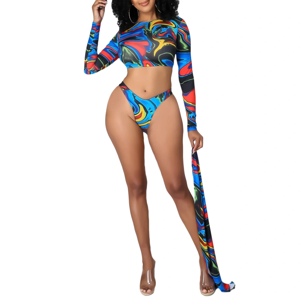 Women's Three-Piece Bikini Long Sleeve Crop Tops + Panties + Cover Ups