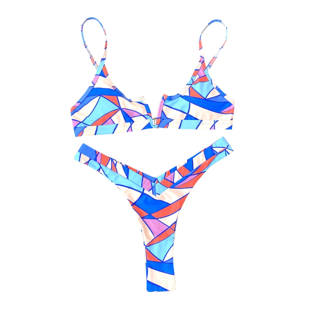 Female Swimwear, Geometric Print Spaghetti Strap Bikini Tops+ Panties