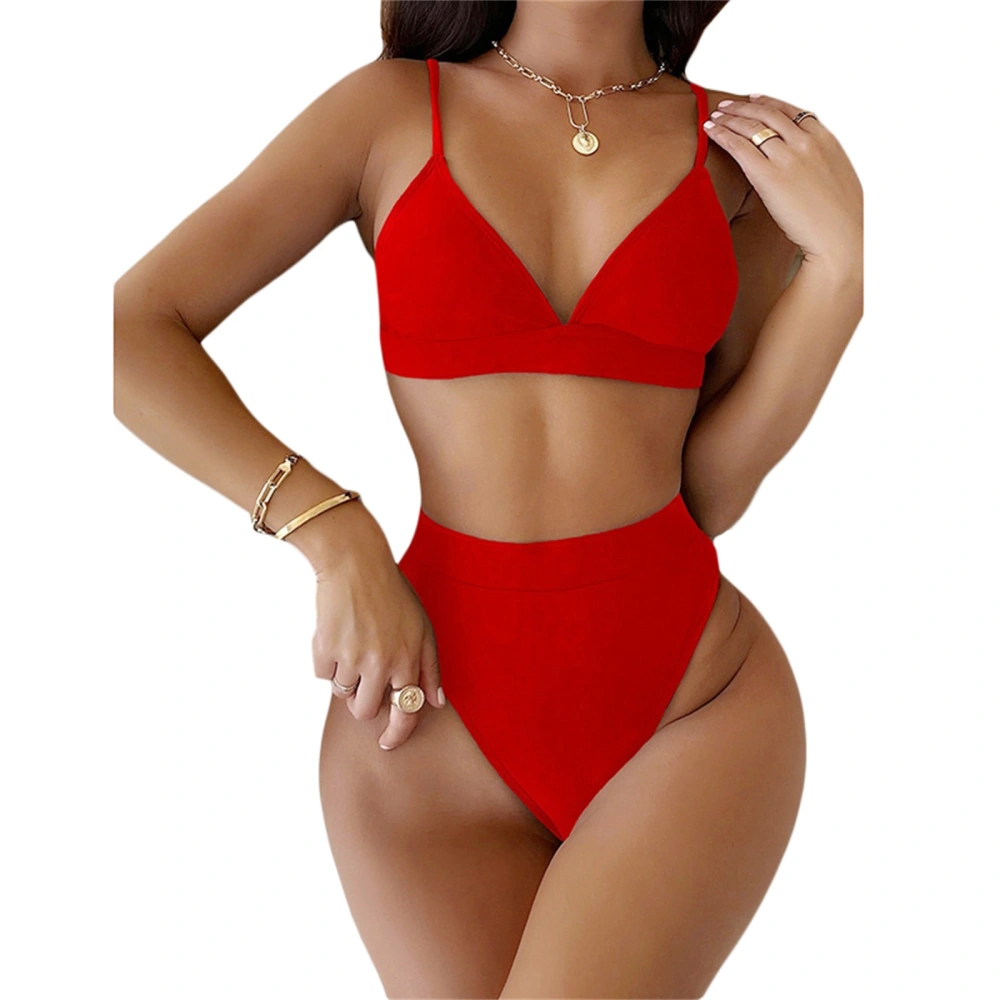 Women 2 Pieces Bikini Set, Solid Color Padded Bra + Thong Swimwear