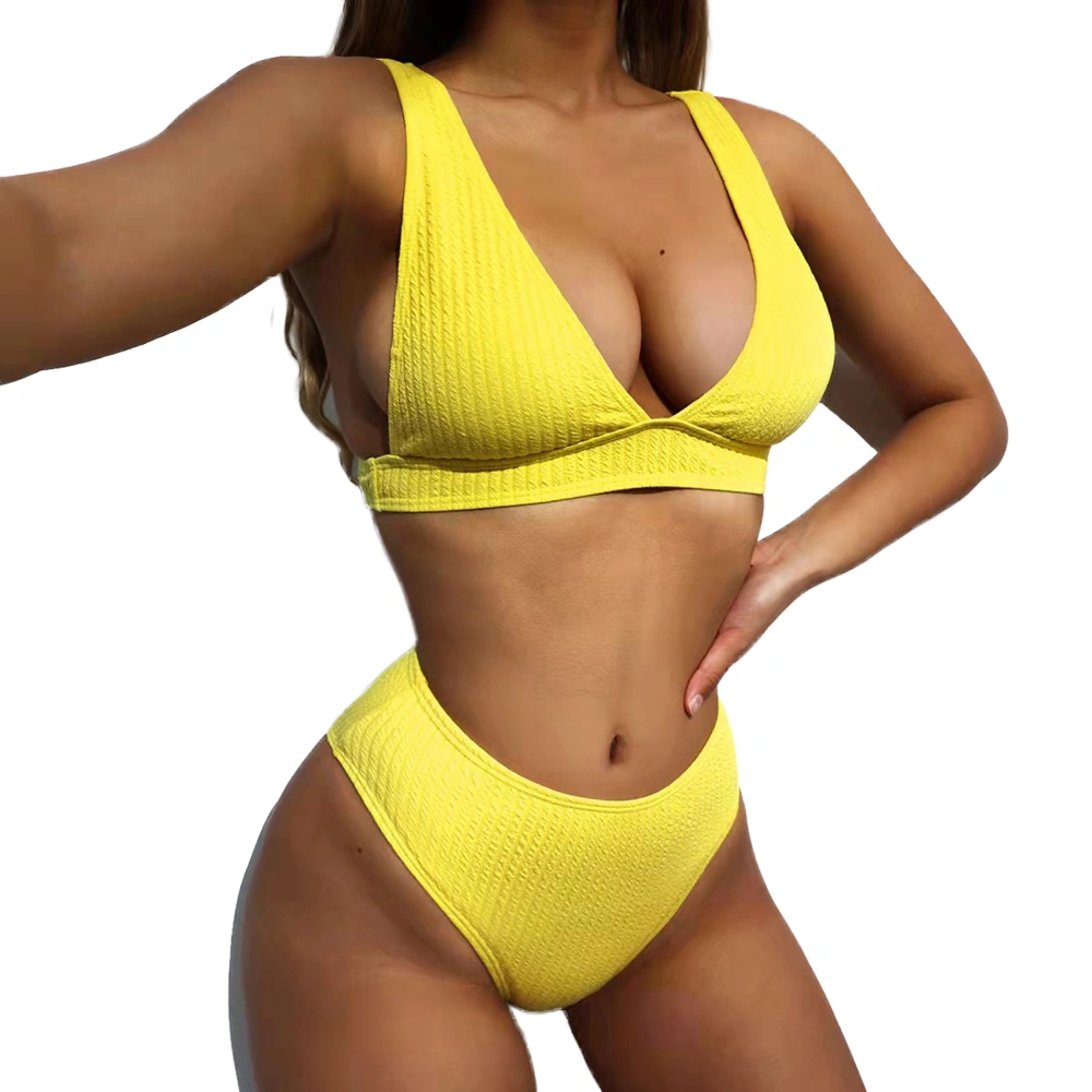 Women Swimsuit Bikini Set, Solid V-Neck Bra+High Waist Panties