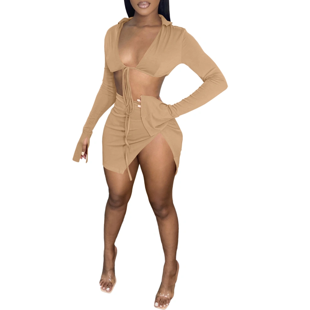 Women's Swim Suits, Solid Color Long Sleeve Tops + Split Skirts Set