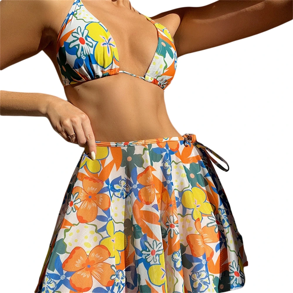 Women Bikini Set, Flower Print Lacing Bra Briefs with Skirt Swimsuit