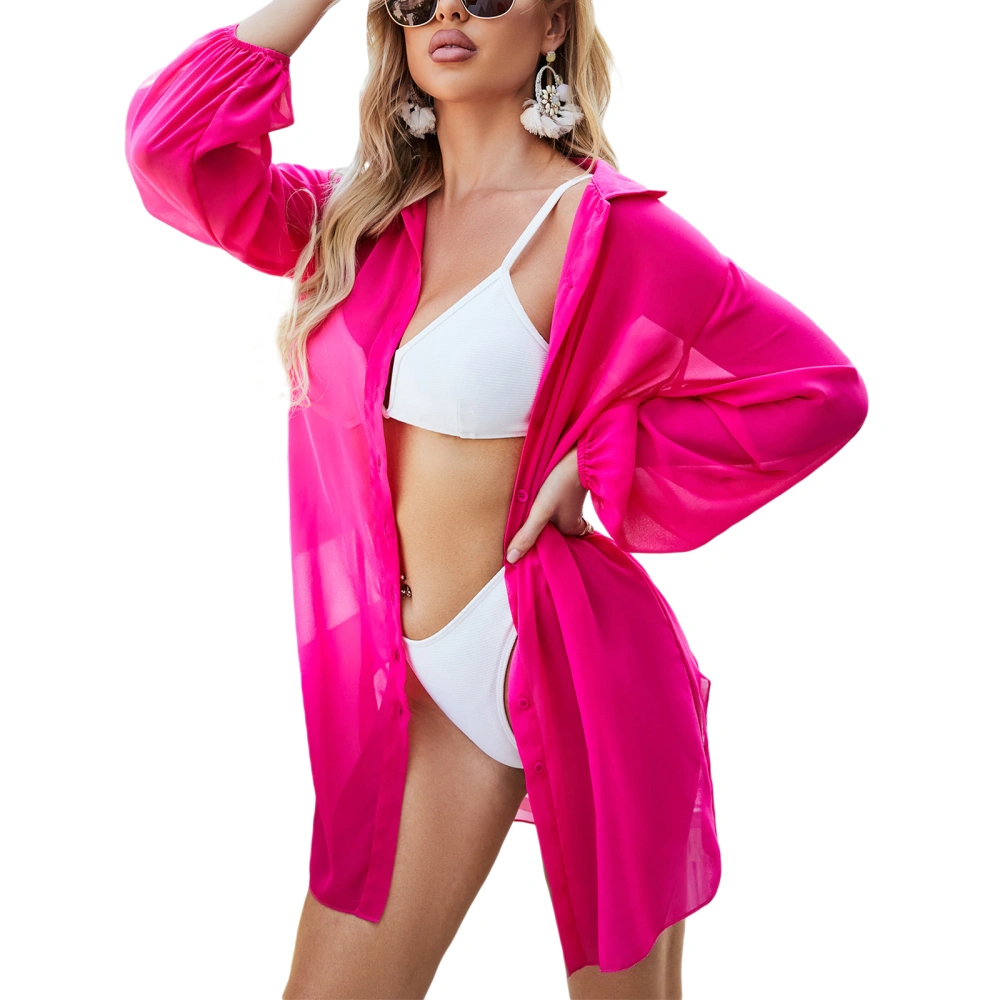 Women Summer Bikini Cover Up, Sheer Solid Long Sleeve Button Cardigan