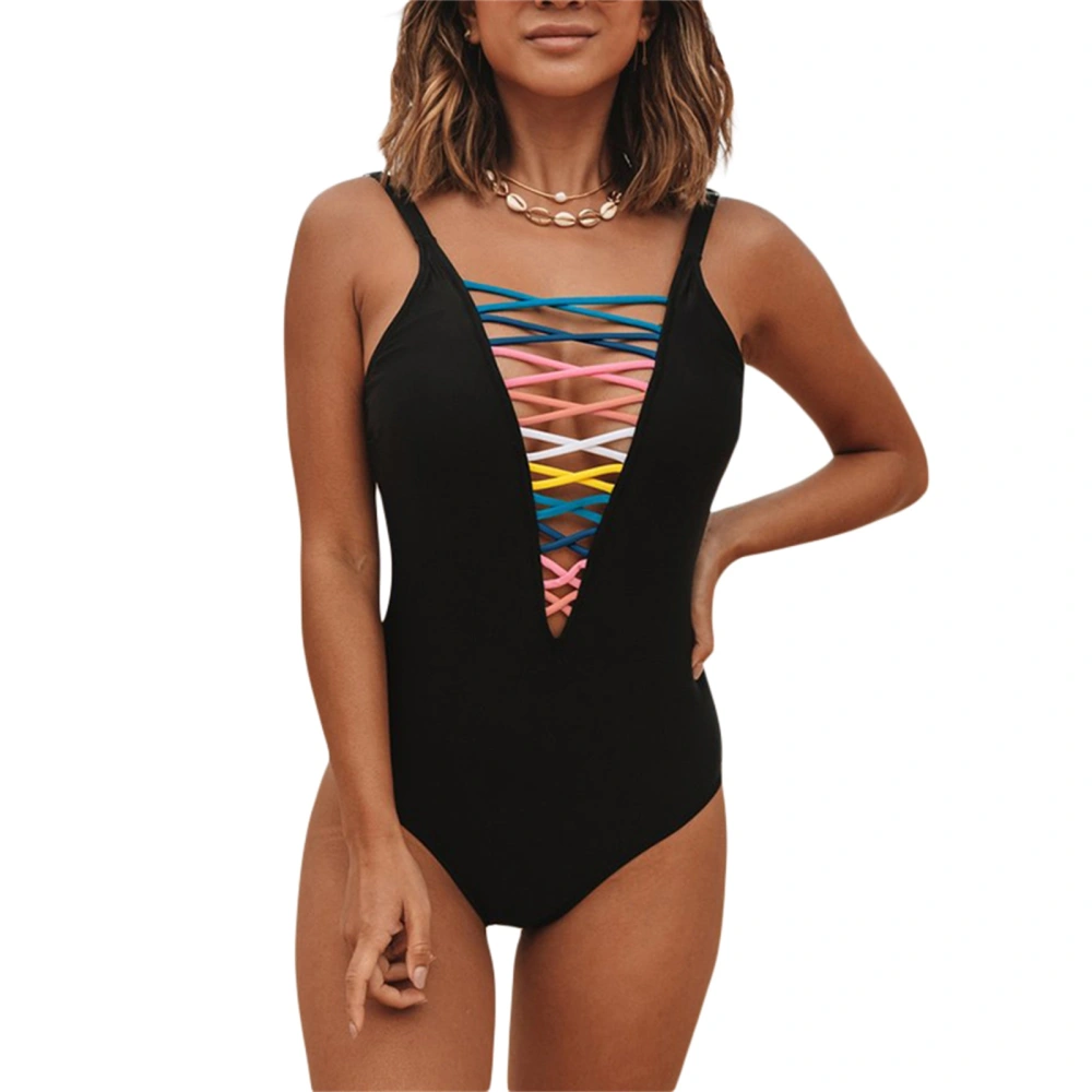 Women One-Piece Swimsuit, Rainbow Cross Tie-up Front Monokini Swimwear