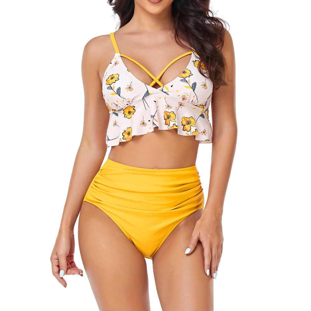 Women Floral Sleeveless Swimming Ruffle Vest Tops Swimwear Briefs 