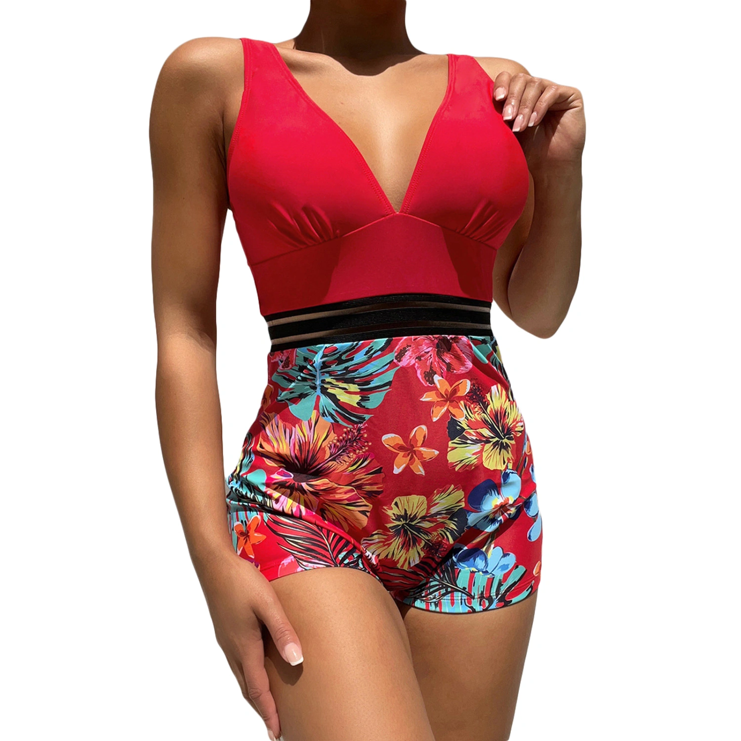 Women Romper Bathing Suit Floral Leaves Print Patchwork Swimsuit