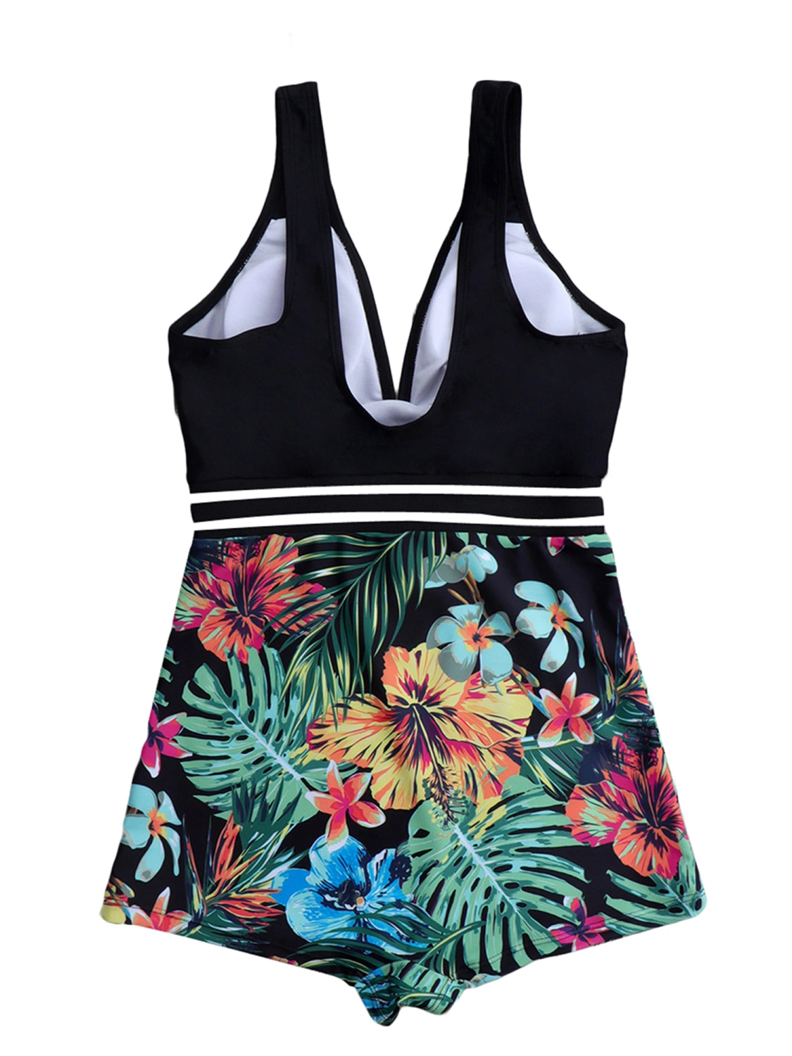Women Romper Bathing Suit Floral Leaves Print Patchwork Swimsuit