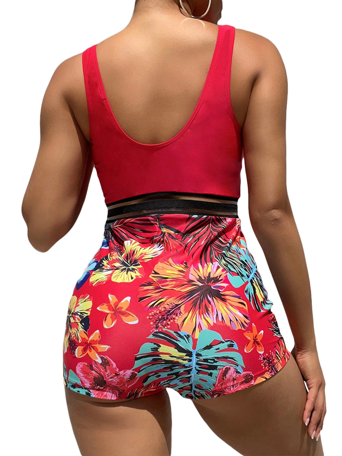 Women Romper Bathing Suit Floral Leaves Print Patchwork Swimsuit