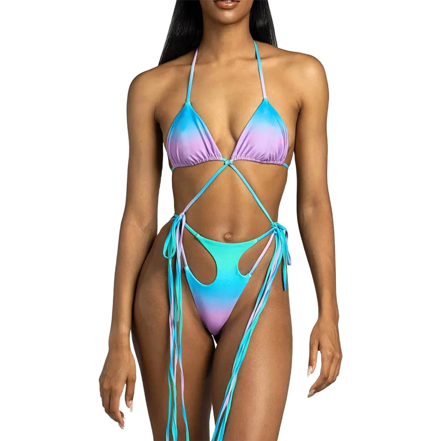 Women Romper Bathing Suit Stripe/Gradient Tie-Up Halter Neck Swimsuit