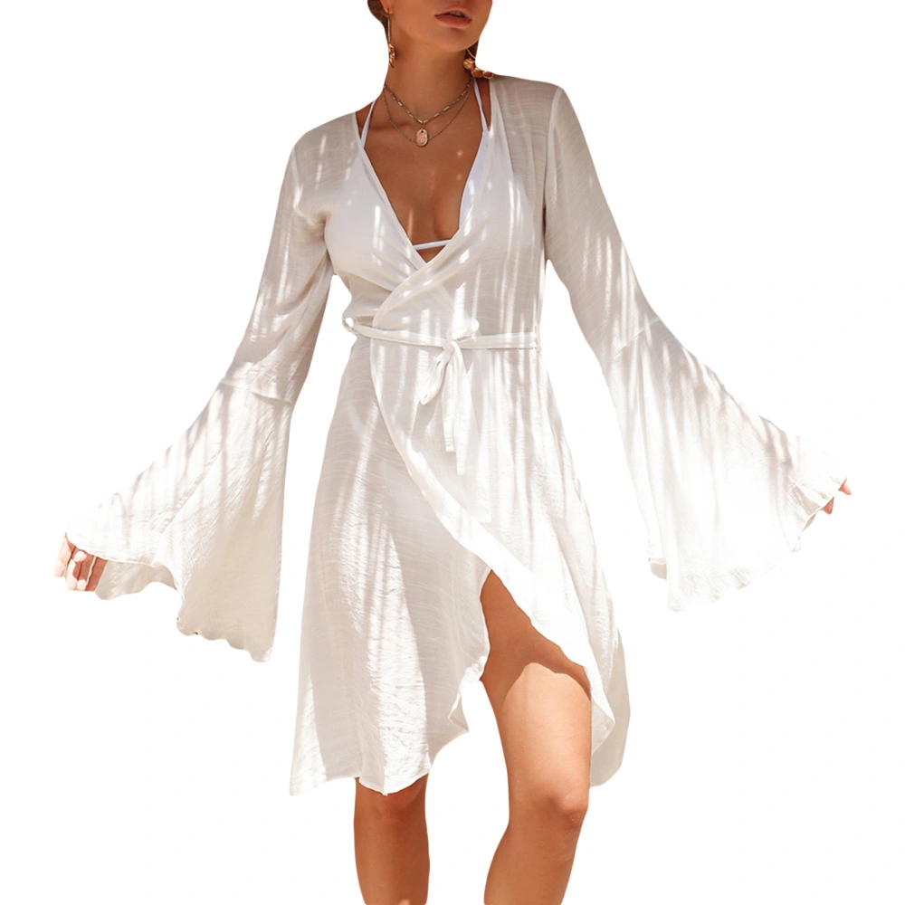 Women Cover-up Flare Sleeve Open Front Solid Loose Beachwear with Belt