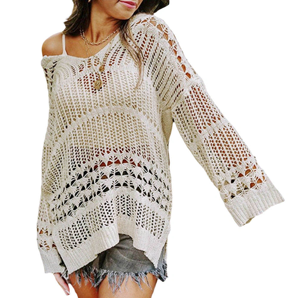 Women Knit Cover-up T-shirt, Long Sleeve Hollowed Summer Beach Tops