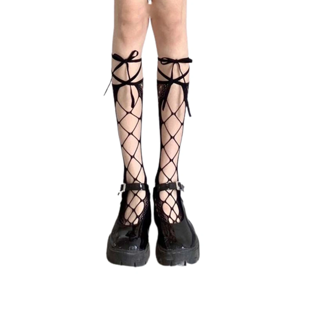 Women’s Fashion Solid Color Mesh Yarn Lace Bandage Calf Length Socks