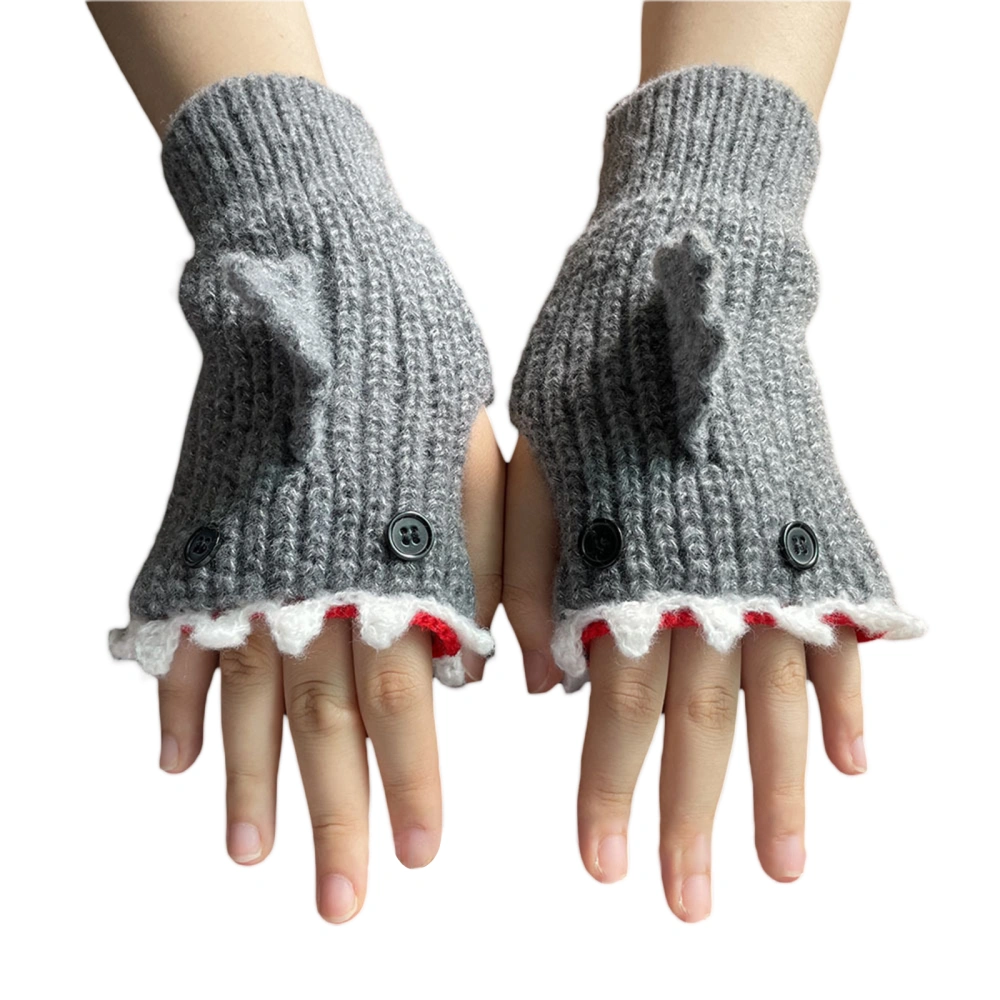 Winter Gloves, Cartoon Shark Gloves Warm Half Finger Knitted Gloves