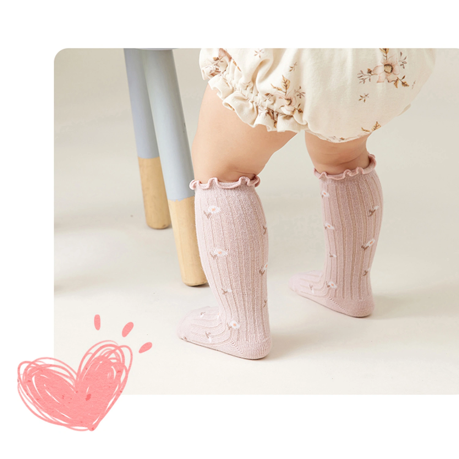 Baby Knee High Socks Lettuce Cuffs Floral Print Infant Tube Stockings