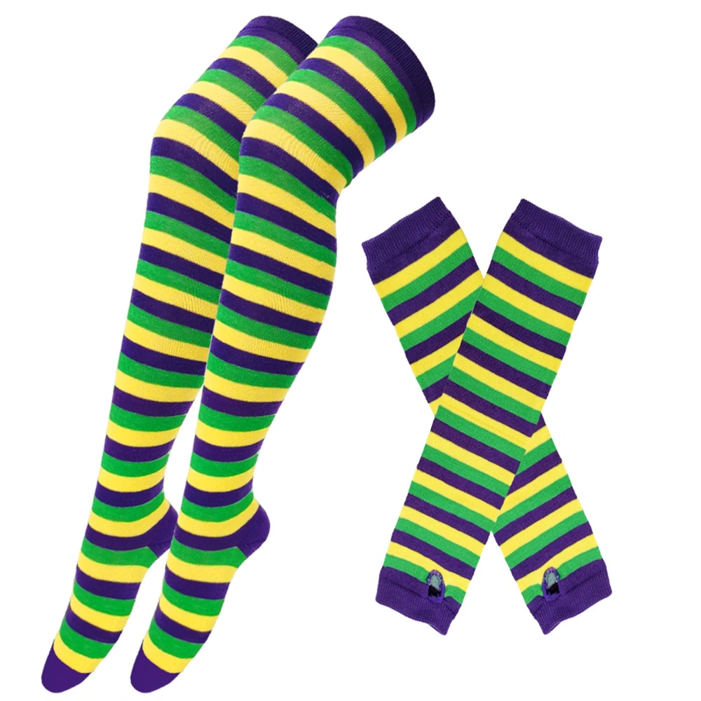 Women 80s Costume Accessories, Striped Thigh High Socks + Arm Sleeves