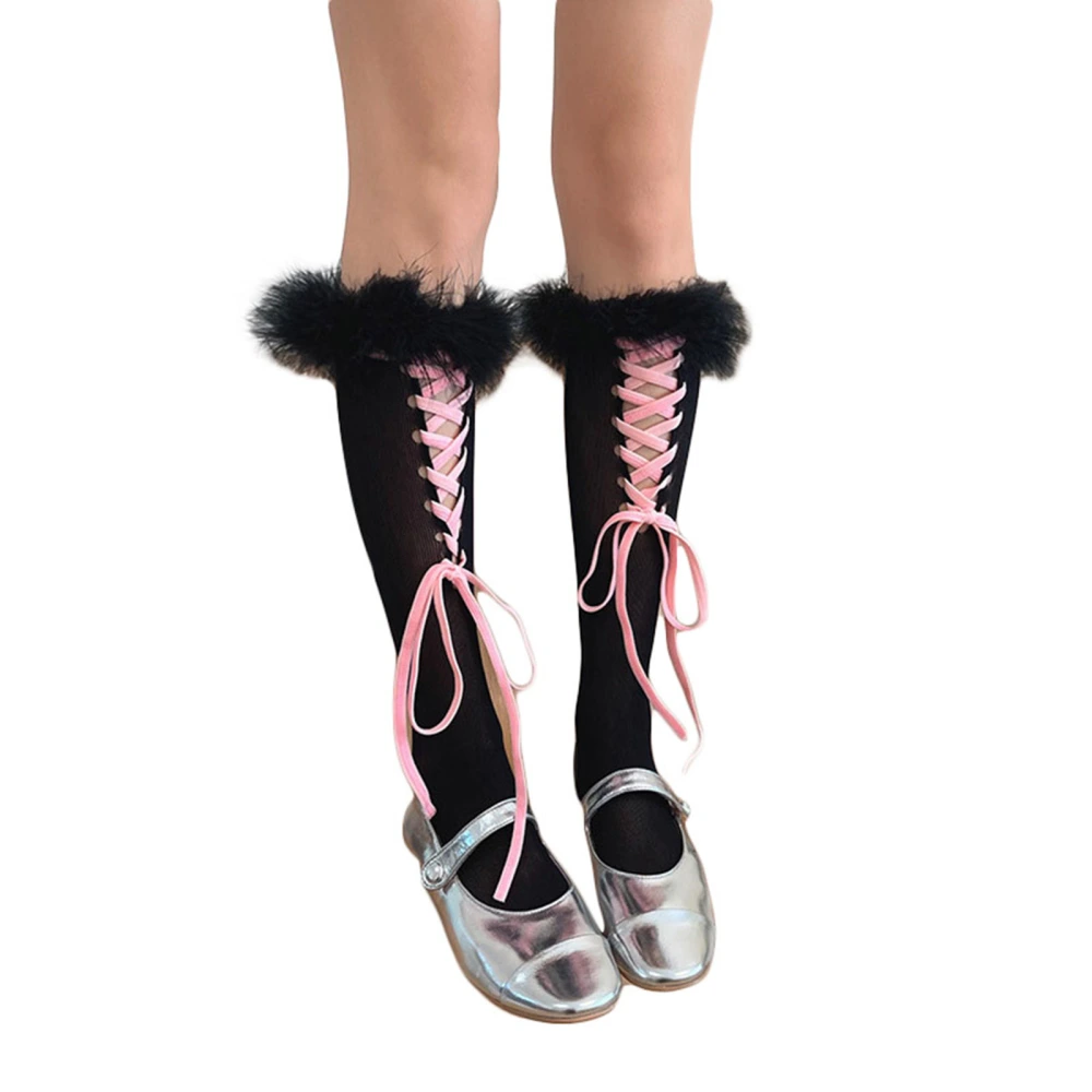 Women Lolita Socks, Cross Tie-Up Knee High Socks Fur Trim Stockings