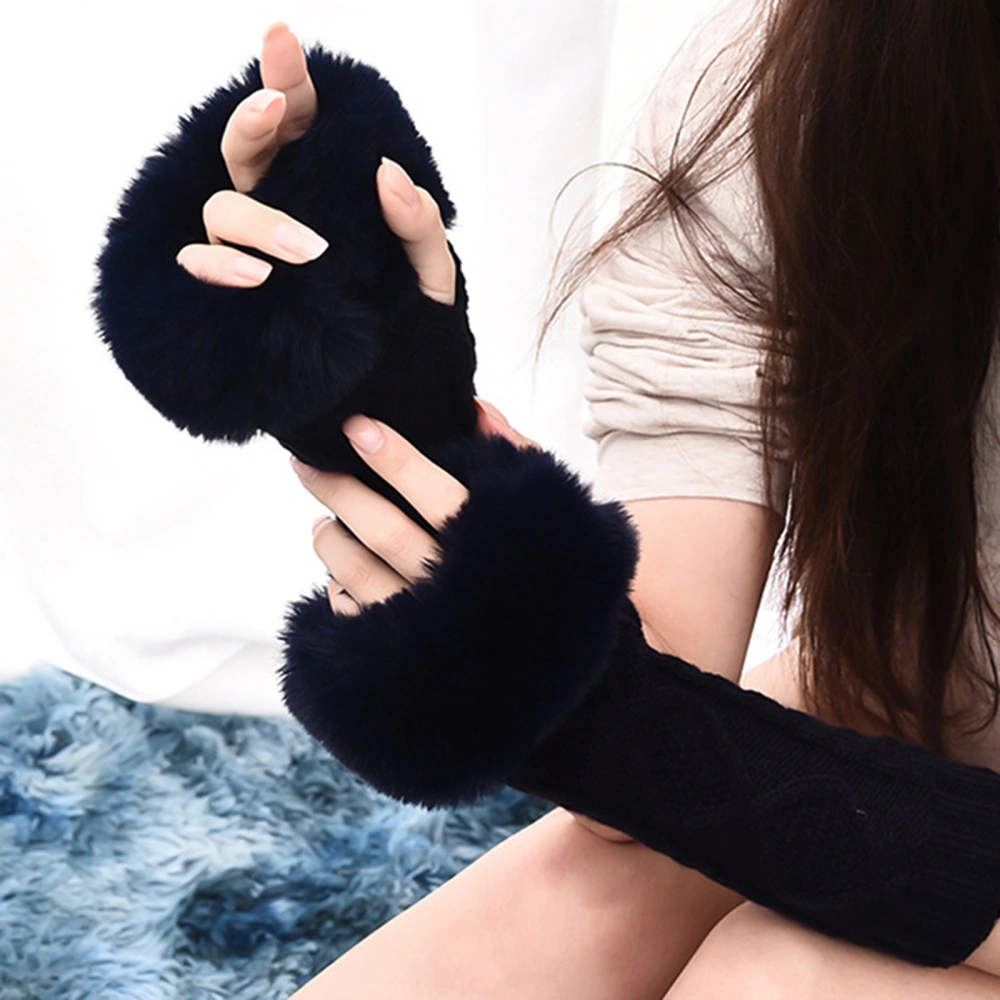 Women Knitted Arm Warmers Long Fingerless Gloves with Fur Wrist Cuffs