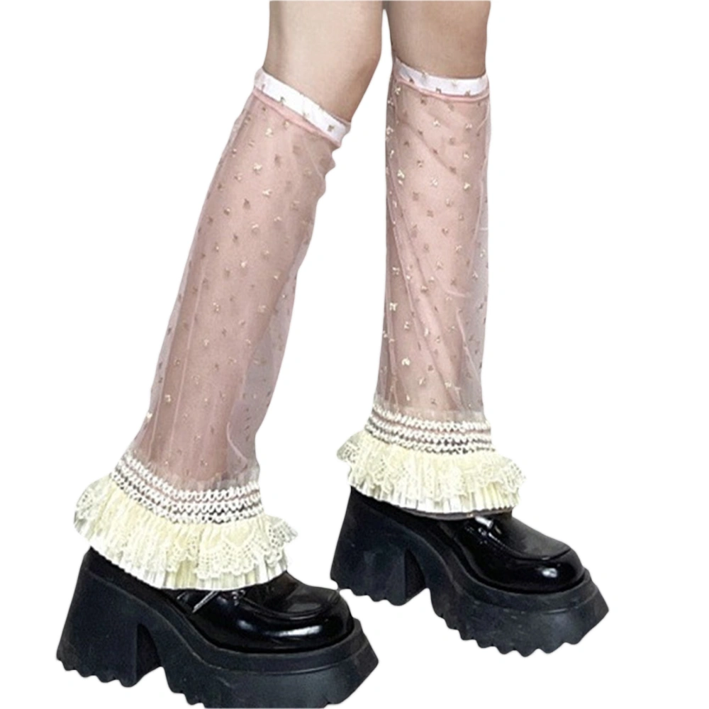 Women's Sheer Mesh Leg Warmers Glitter Print Lace Trim Leg Sleeves