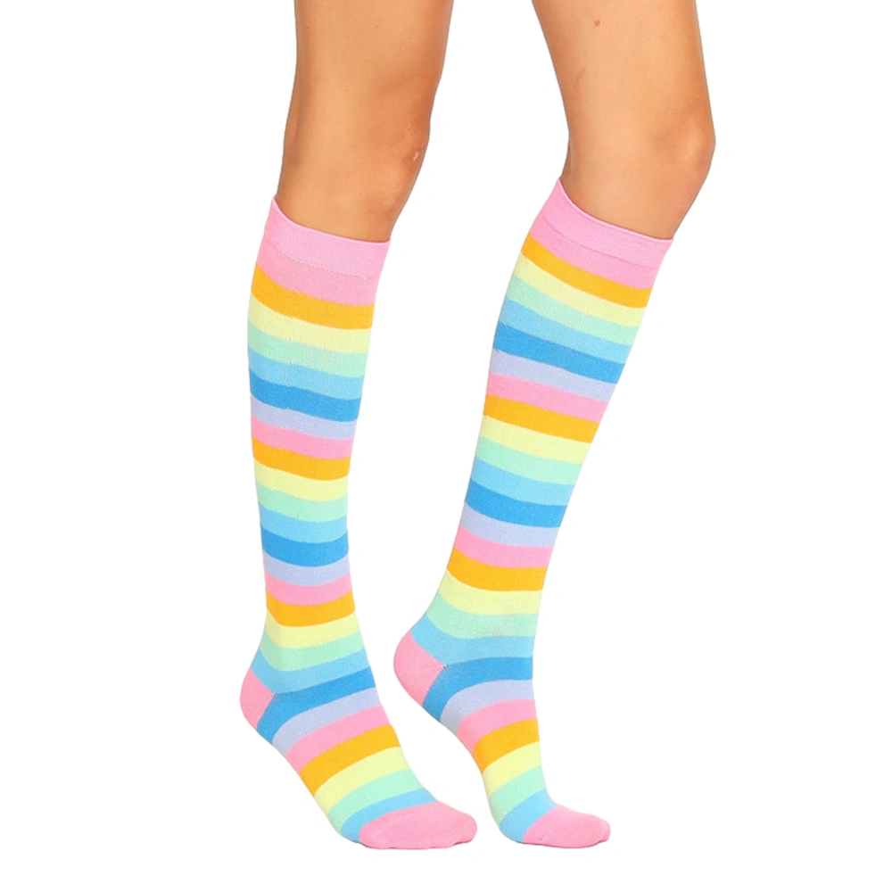 Women's Stripe Long Stockings, Rainbow Print Knee-High Socks