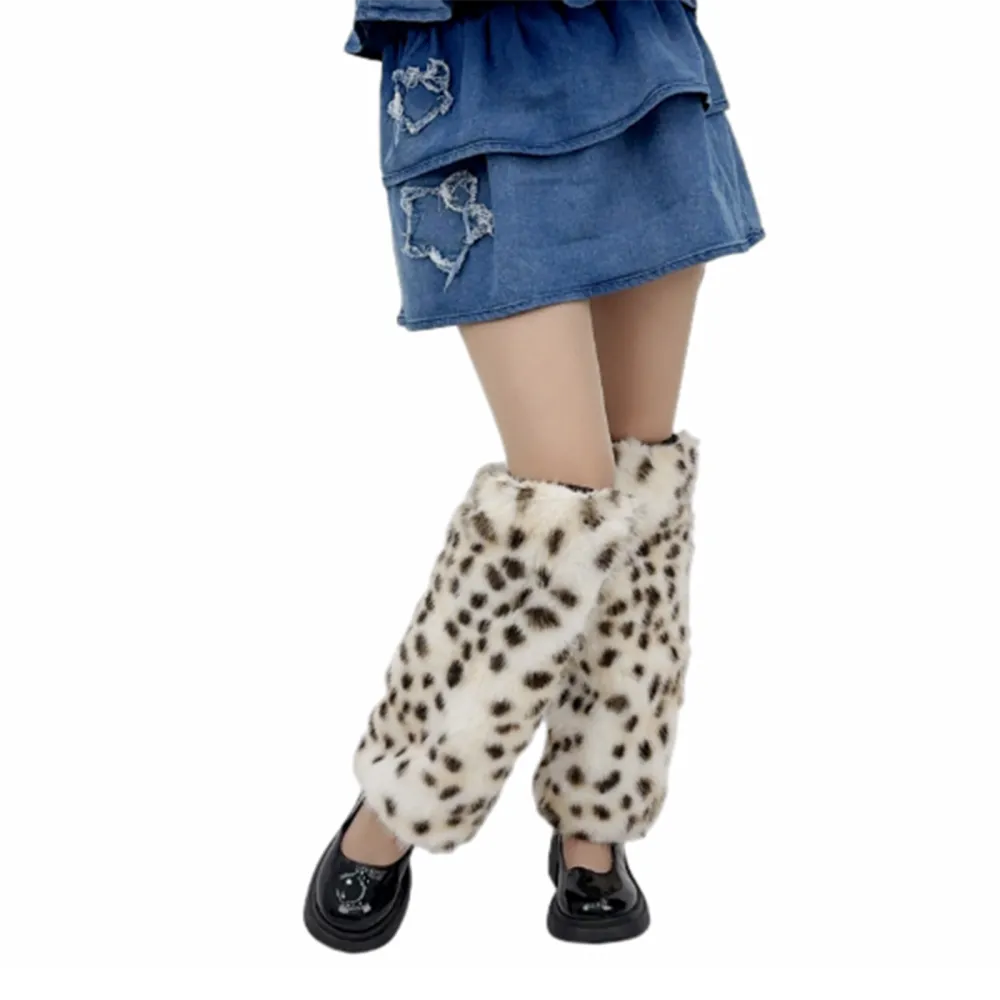 Women's Knee High Socks Plush Furry Leopard Leg Warmers for Party