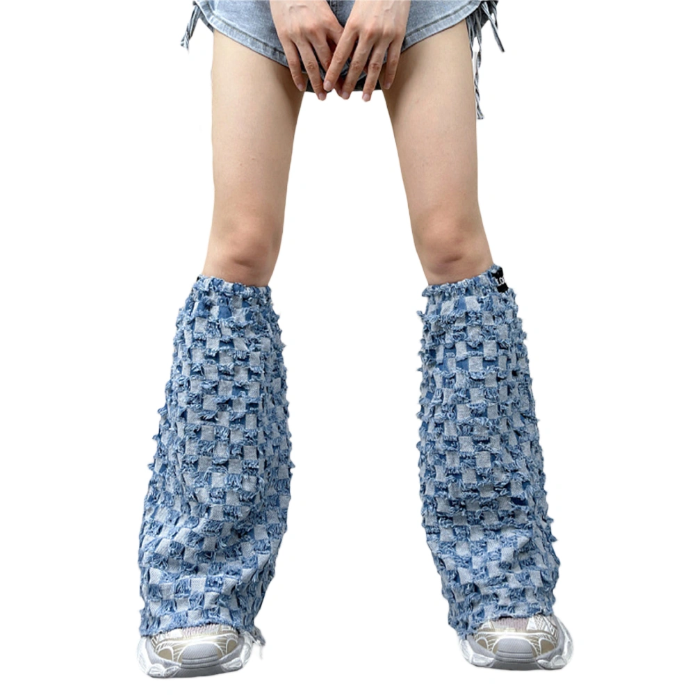 Women Denim Flared Leg Warmers Plaid Print Cute Knee High Socks 