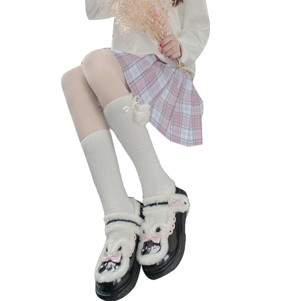 Women's Warm Lolita Knee Stockings, Solid Fuzzy Ribbed Crew Socks 