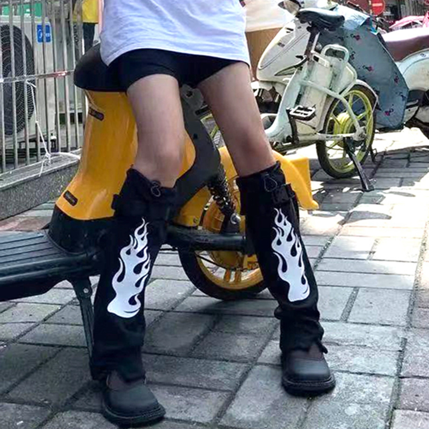 Women Leg Warmers Buckle Flame Print Gothic Punk Boots Shoes Covers