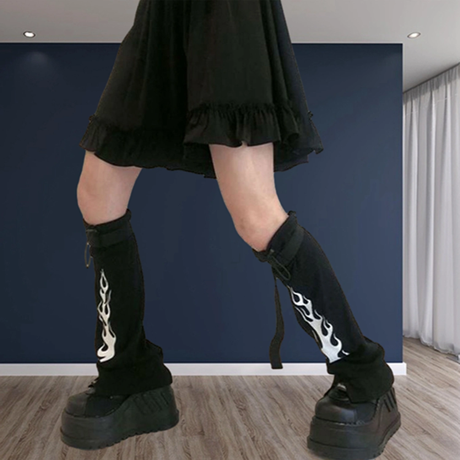 Women Leg Warmers Buckle Flame Print Gothic Punk Boots Shoes Covers