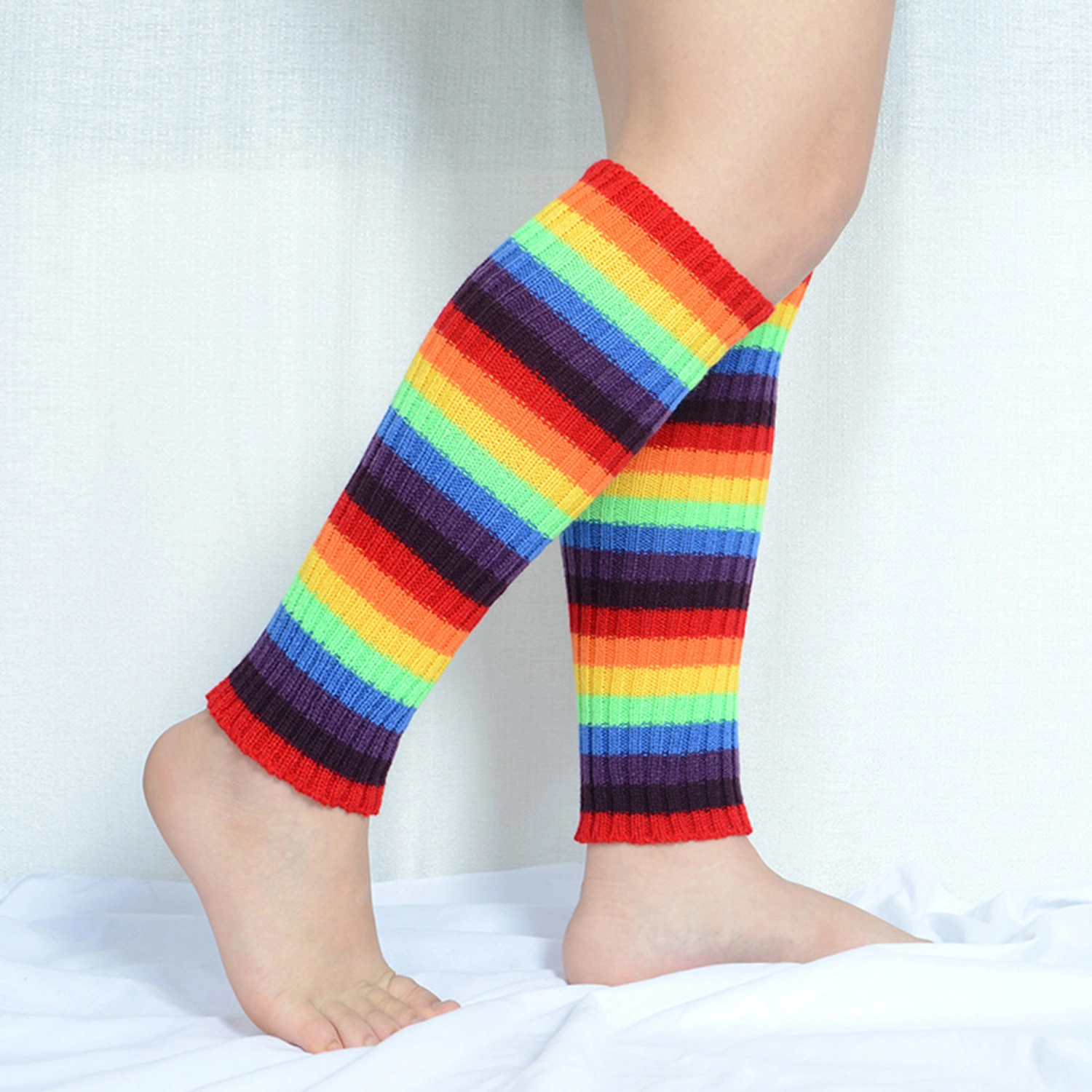 Women Harajuku Vinatge Rainbow Stripe Knit Leg Warmers for Winter