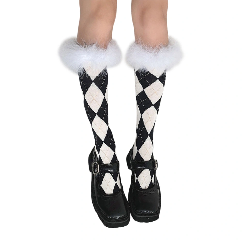 Women's Checkerboard Print Princess Knee High Stocking for Lady Girls