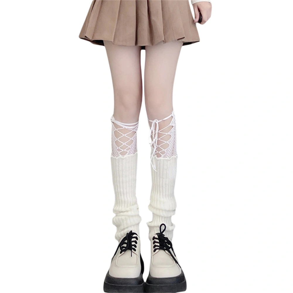 Women's Ribbed Knit Leg Warmers Cross Tie-up Lace Top Knee High Socks