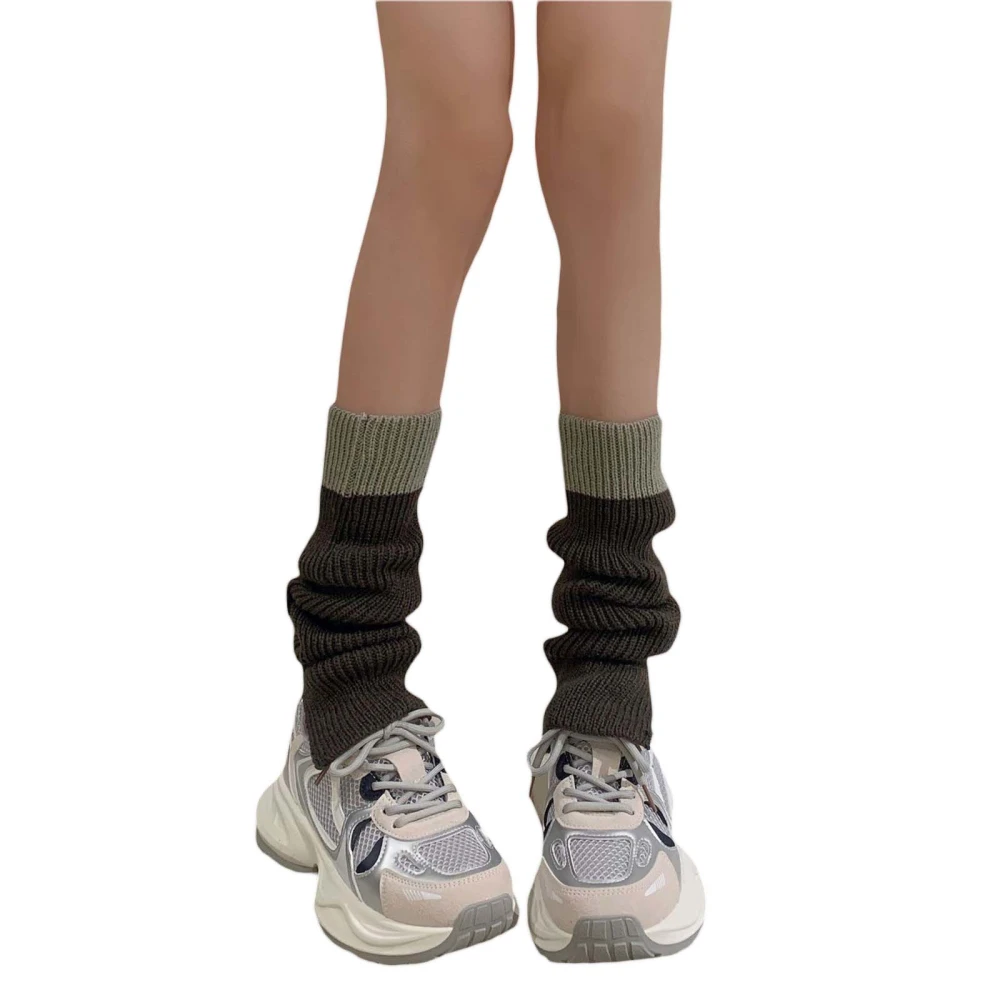 Women Knit Leg Warmers Harajuku Contrast Color Loose Fit Long Socks 