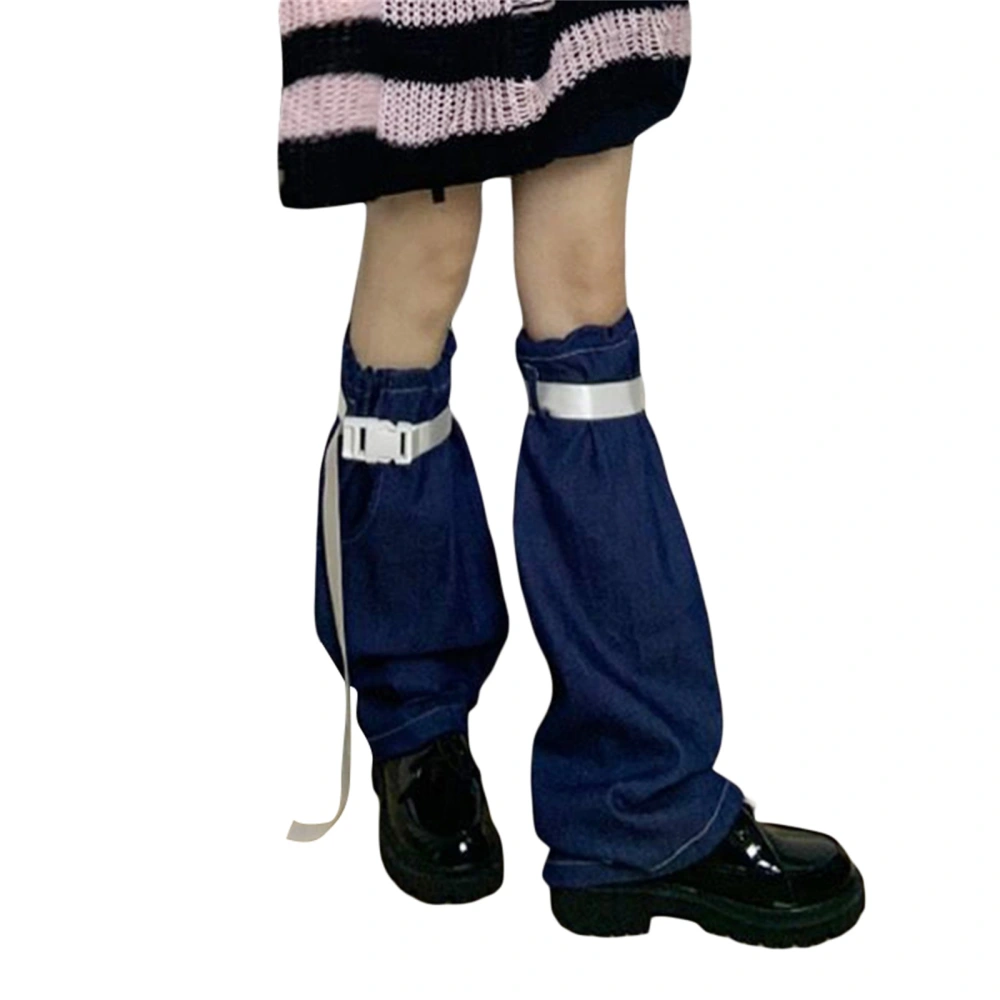 Women Denim Leg Warmers Adjustable Buckle Knee High Socks Boot Cuffs