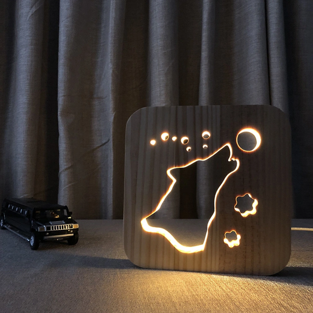 LED USB Night Light, Wooden Dog Paw Cat Wolf Head Animal Lamp