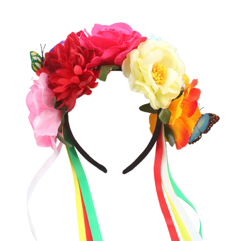 Day of the Dead Headband, Women Flower Butterfly Headpiece with Ribbon