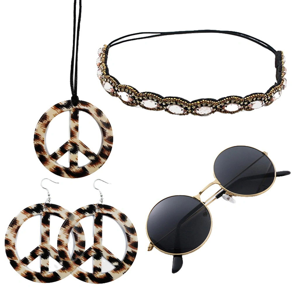 4PCS Leopard Earrings Necklace Headgear Sunglasses Set Masquerade Prop