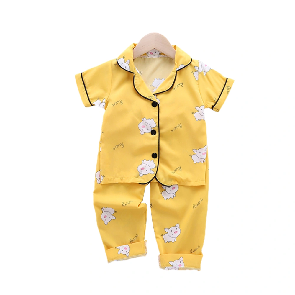 Baby Cartoon Pig Printed Summer Short Sleeve Buttons Shirt Silk Pants