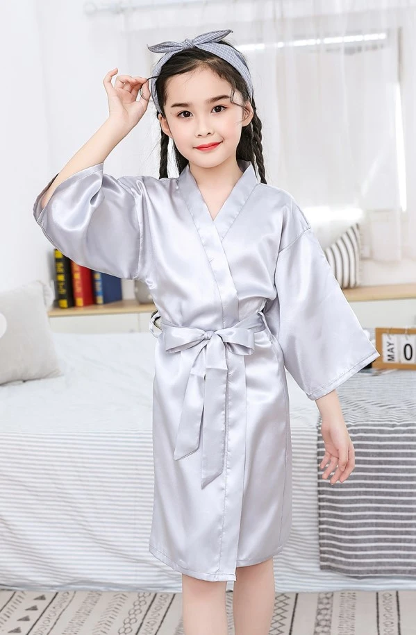 Girl's Solid Silk Bathrobe, Half Sleeve Satin Kimono Robes with Waistband