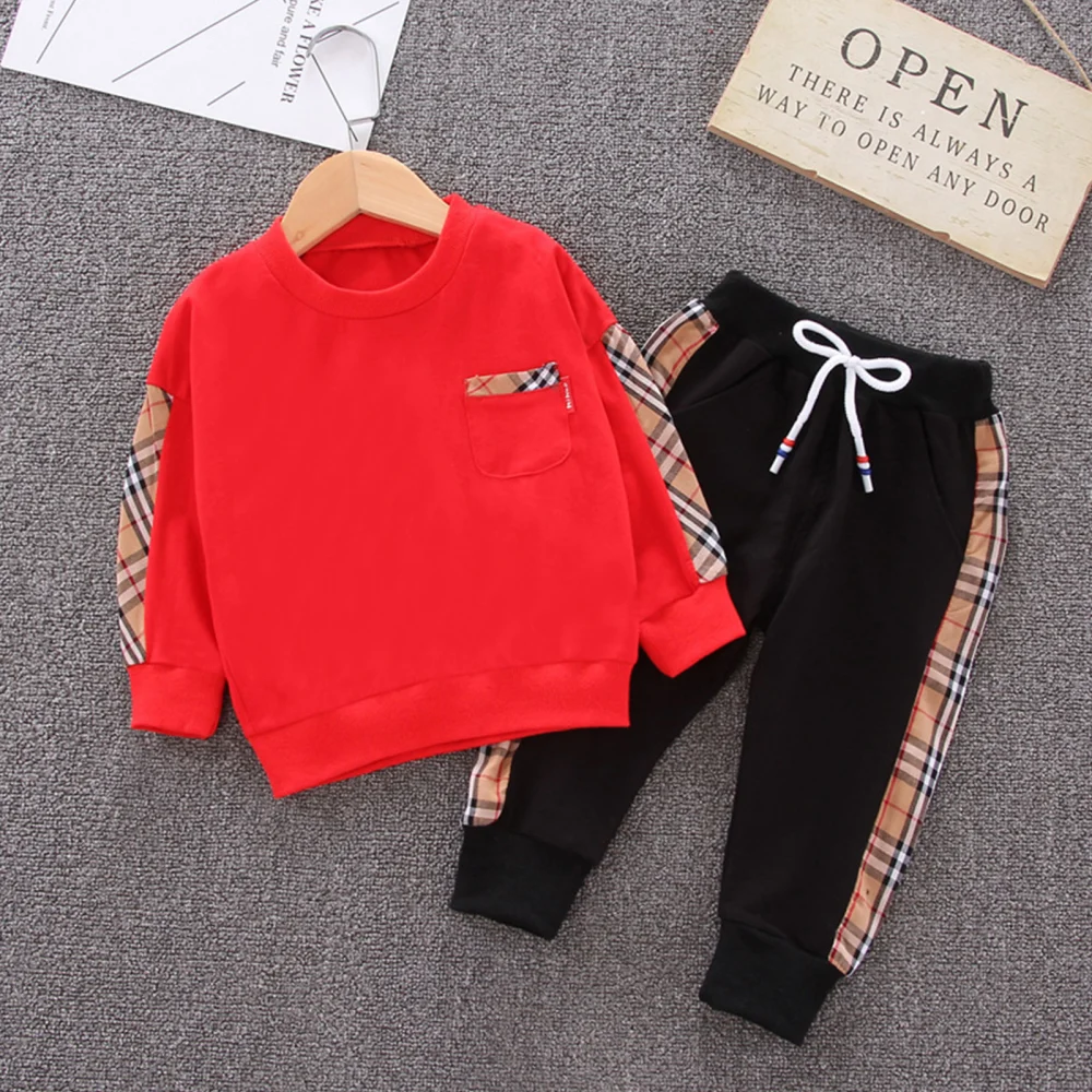 Kids Suit Set, Plaid Round Neck Long Sleeve Pullover+ Trousers