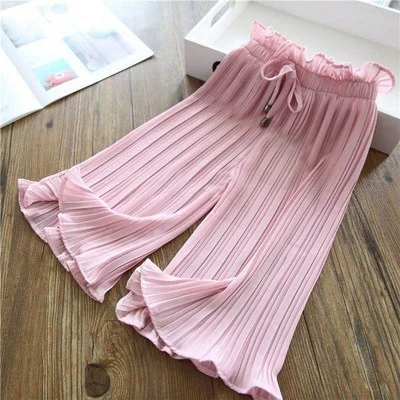 Girl's Solid Color Loose Pants, Pleated Falbala Casual Ninth Trousers