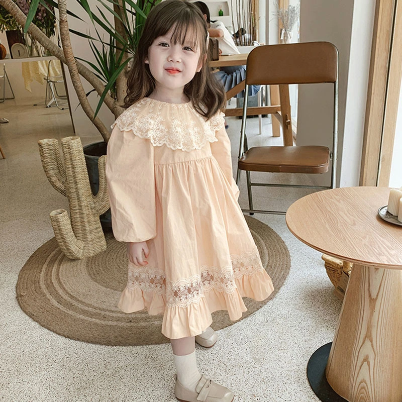 Kids Dress, Lace Floral Round Collar Long Sleeve One-Piece Princess Dress