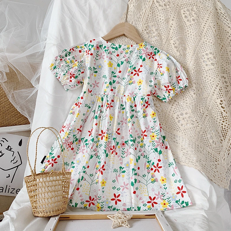 Kids Girls Stylish V-neck Floral Dress Fashion Short Sleeve Dress