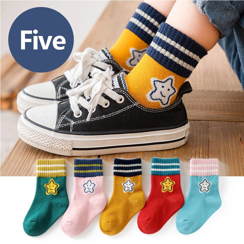 5 Pairs Kids Socks, Cartoon Pattern Print Cotton Stocking Medium Tube Socks