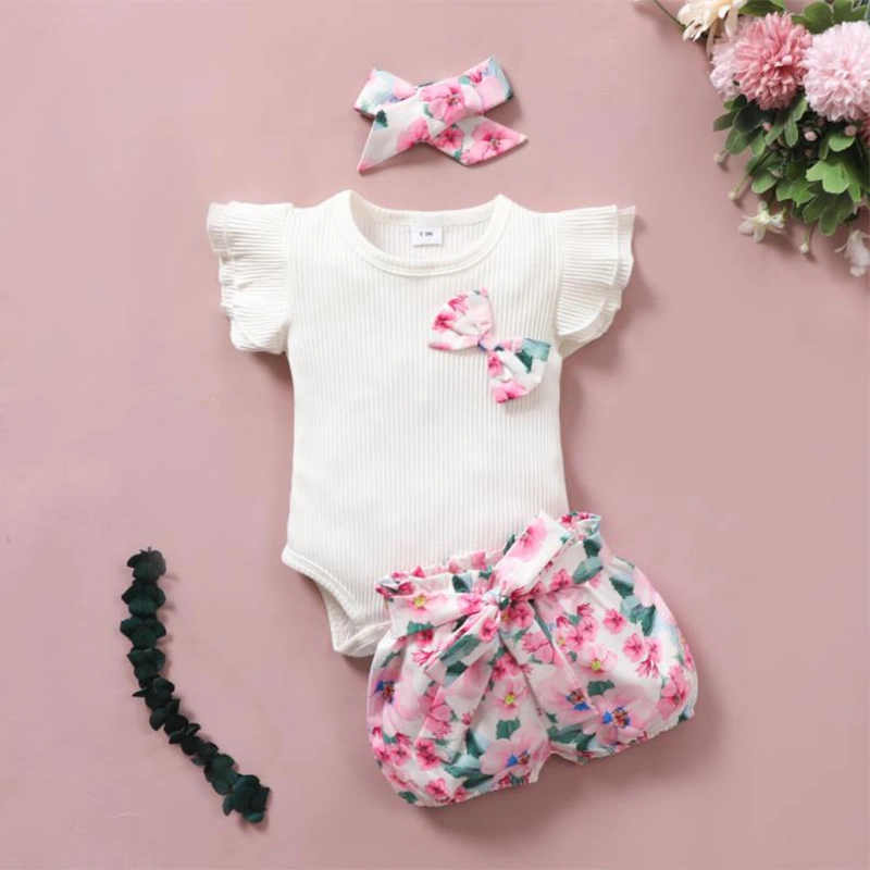 Baby Girl’s Bow Fly Sleeve Romper and Flower Shorts with Headband