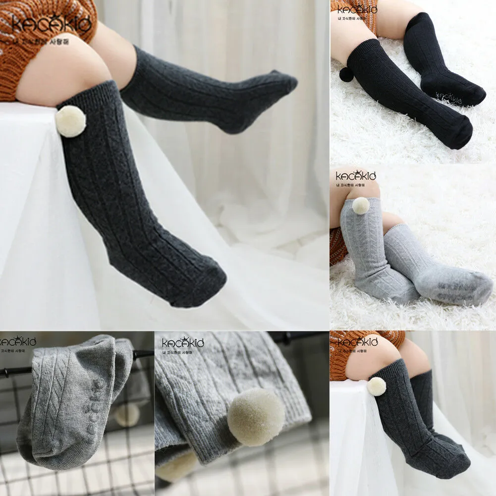 0-4Y Children's Solid Knitted Socks with a Fluffy Ball Decoration