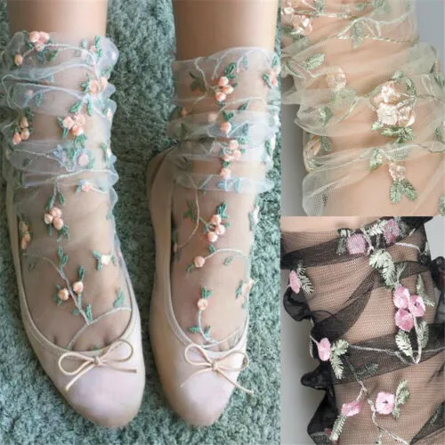 Ladies Socks Soft Flower Embroidery Transparent Silk Non-slip Socks