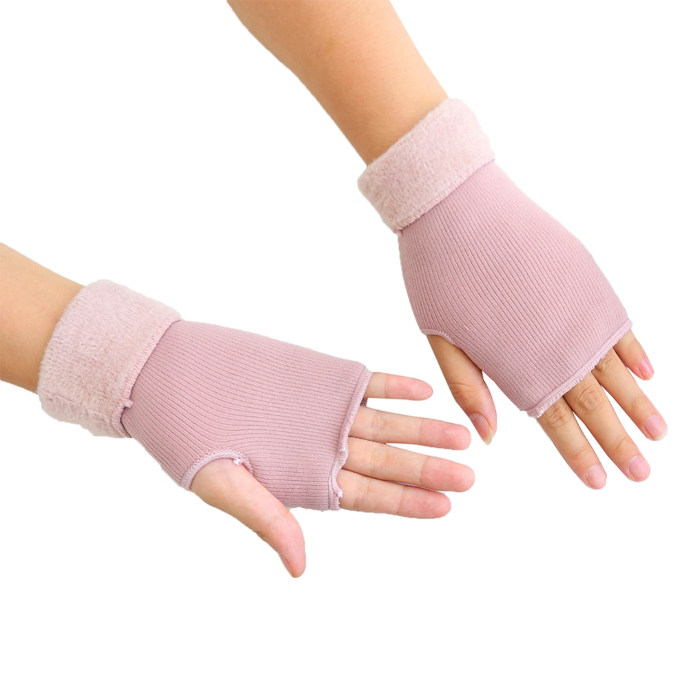 Ladies Mittens Fingerless Double Layer Pure Color Knitted Warm Fashion Gloves